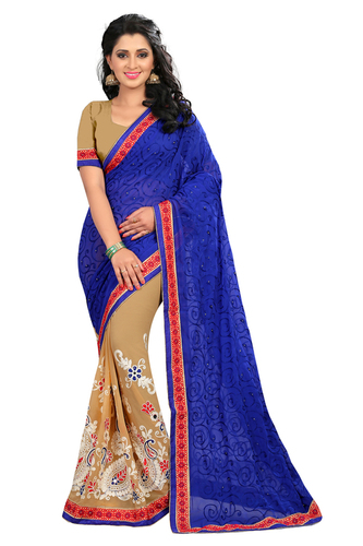 Embroidered Georgette Half-Half Saree - 5.5 M Long, Blue & Beige Color | Stone Work, Perfect for Party and Festival Wear
