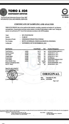 VESSEL LAB CERTIFICATE