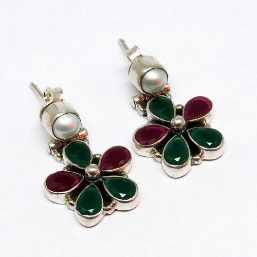 Genuine Pearl_Red Onyx_Green Onyx 925 Sterling Silver Gemstone Earring