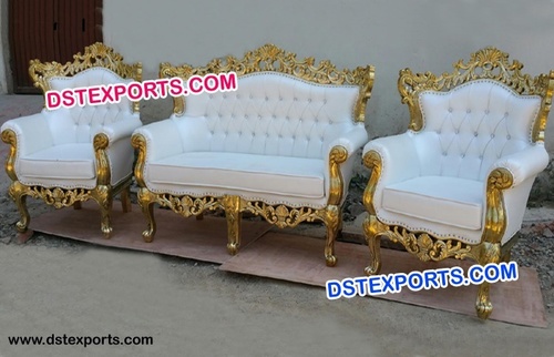 Gold Royal Luxury Wedding Carved Sofa Sets - Wood & Brass, Gold Plated, White Upholstery | Hand Carved, Elegant Design, Royal Look, Durable