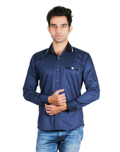 Gents Shirt - Cotton Satin, Size M/L/XL/XXL/XS/XXS, Blue Printed Pattern | Full Sleeves, Washable, No Fade, Dry Clean Feature