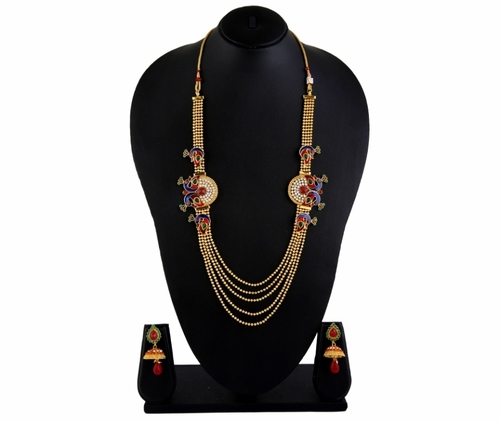 Party Diva Peacock Gold Plated 3 String Necklace Earrings Set