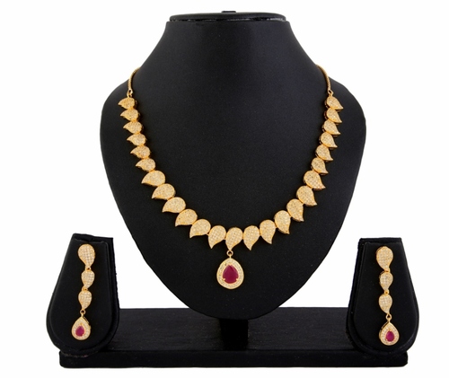 Gold Diva Ruby American Diamond Necklace Earrings Set
