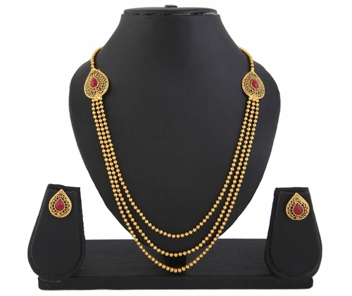 Party Diva Gold Plated Red Stone 3 String Necklace Set