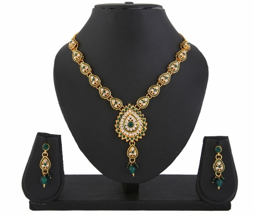 Party Diva Kundan Green Indian Bollywood Pendant Necklace Earrings Set For Women