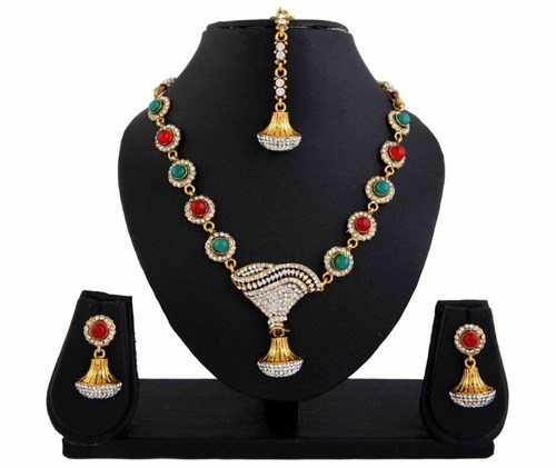 Party Diva Sparkling Red Green Designer Necklace Earrings Set For Women