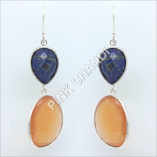 Stone Drop Earring - 925 Sterling Silver, Onyx & Lapis, 2-3 Inches, Hook Fastening, Elegant Design