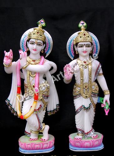 Marble Radhey Shyam Statue - Marble, 12 Inches, White with Pink Base | Intricate Details, Polished Finish, Religious Decor
