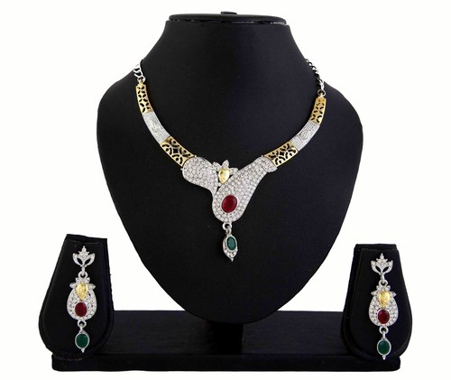 Diva Ruby Stone Silver Gold Two Tone Designer Party Necklace Earrings Set Gender: Women