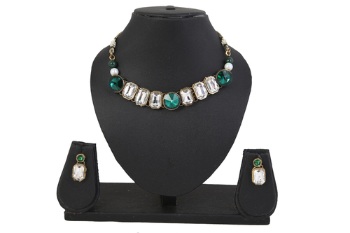White Diva Green Stone Emerald Simulant Choker Necklace Set
