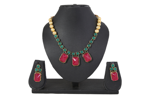 Diva Ruby Emerald Simulant Necklace Set - Alloy Material, 46 Grams Weight | Elegant Red and Green Design Perfect for Anniversaries and Weddings