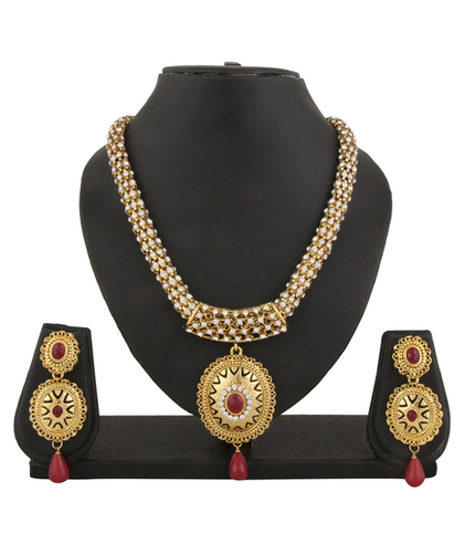 Adoreva Gold plated Red Ruby Desginer Necklace Earrings Set for women