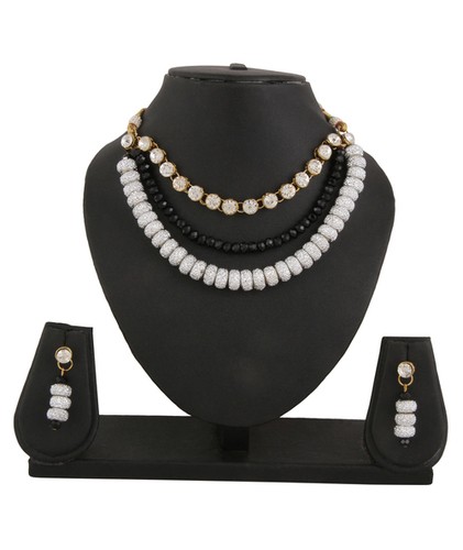Adoreva Black Silver Beaded 3 String Desginer Necklace Earrings Set for women