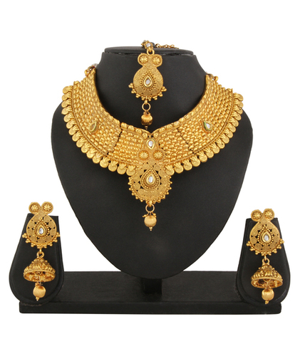 Adoreva Gold Plated Bridal Necklace Earrings Mang Tika Set - Alloy, 30cm Necklace, Gold, Party Wedding Jewelry