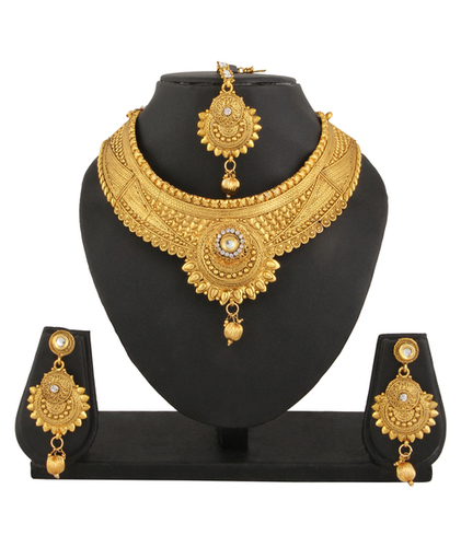 Adoreva Gold Plated Bridal Necklace Earings Mang Tika Jewellery Set for Women