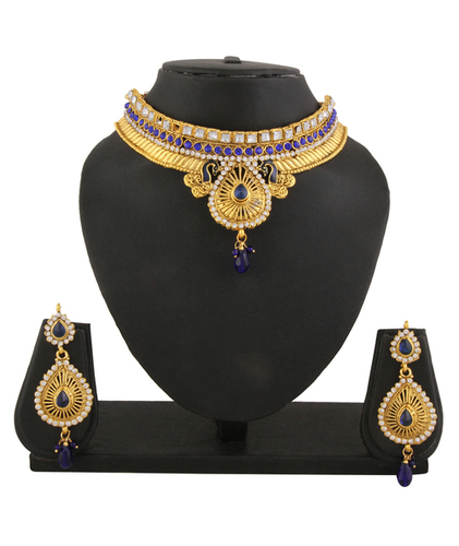 Sparkling Pearl Jewellery Set - Alloy, 26cm Necklace with Adjustable Dori, Gold/Blue/White | Stylish Earrings for Weddings, Parties, and Special Occasions