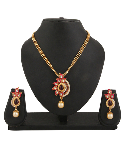 Gold Adoreva Pink Kundan Pendant Earrings Set For Women