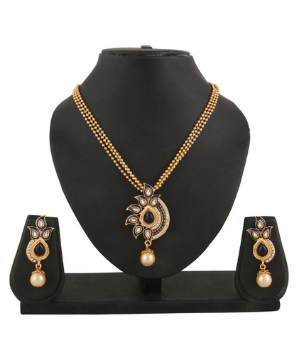 Gold Adoreva Blue Kundan Pendant Earrings Set For Women