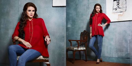 Cotton Kurti - Rayon Material, Size M/L/XL, Maroon Color | Long Sleeve Style, Embroidery Work, Ideal for Casual Daily Wear