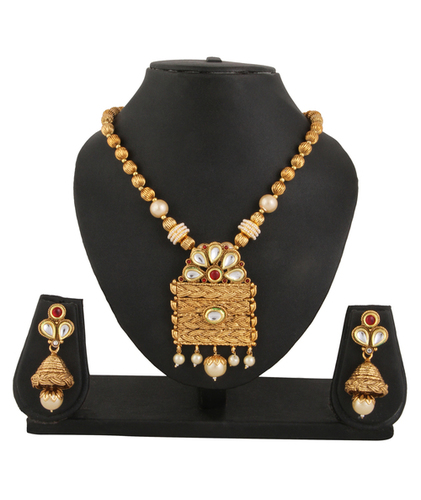 Gold Adoreva Antique Kundan Designer Square Pendant Necklace Earrings Set For Women