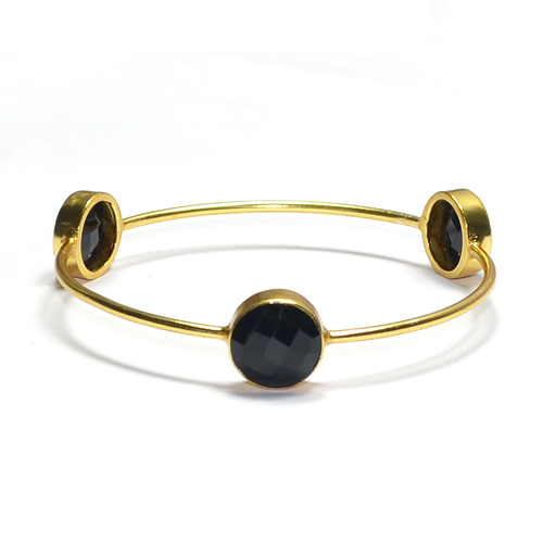 Black Spinel Round 925 Sterling Silver Bangle - Gold Plated, 3 Round Black Spinel Stones, Elegant Stylish Wrist Accessory