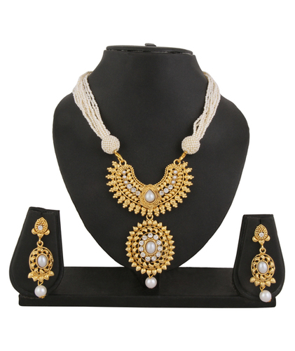 Gold Adoreva God Plated Pearl Necklace Earrings Set For Women