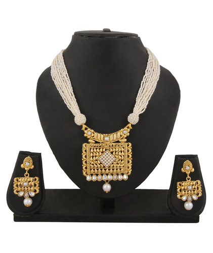 Gold Adoreva Antique Designer Square Pendant Necklace Earrings Set For Women