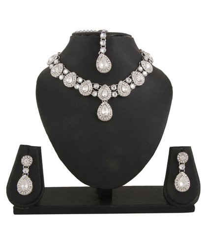 Adoreva Silver Polish Kundan Necklace Earrings Mang Tika Set For Women Weight: 76 Grams (G)