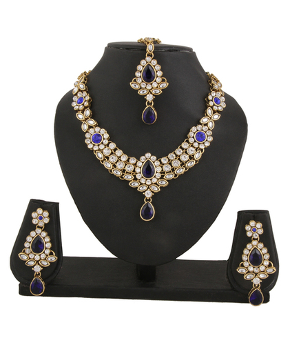 Adoreva Sparkling Pearl Jewelry Set - Alloy, Necklace 29cm, Earrings 7x3cm, Gold, Blue, White | Perfect for Weddings, Parties, and Special Occasions