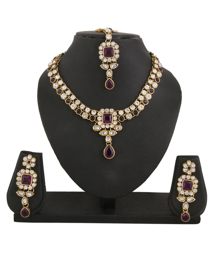 Gold Adoreva Purple Kundan Necklace Earrings Mang Tika Set For Women