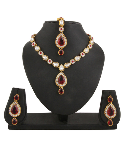 Gold Adoreva Red Kundan Necklace Earrings Mang Tika Set For Women