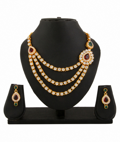 Gold Adoreva Bridal Red Green Kundan Necklace Earrings Set For Women