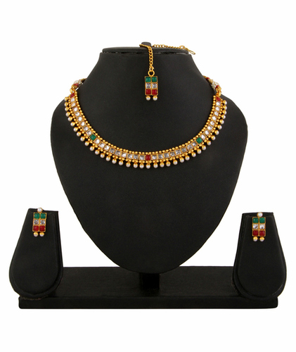 Gold Adoreva Red Green Square Kundan Necklace Earrings Set For Women