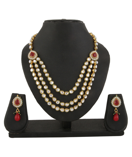 Gold Adoreva Red Green Ruby Kundan 3 String Necklace Earrings Set