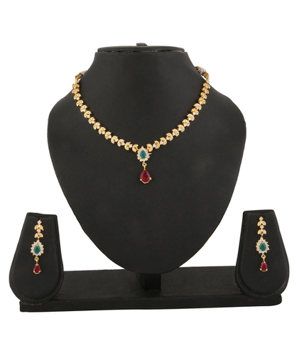 Adoreva Sparkling Pearl Jewelry Set - Brass 22 cm Necklace 4x1 cm Earrings | Dazzling CZ Stones Gold and Red Green Accents Perfect for Weddings & Special Occasions
