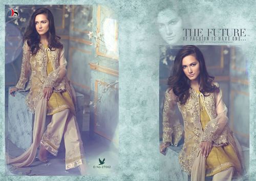 Pakistani Designer Fancy Salwar Kameez Suit - Poly Georgette With Heavy Embroidery, Santoon Inner & Bottom, Soft Net Dupatta, Cream Color, Free Upto Semi Stitch