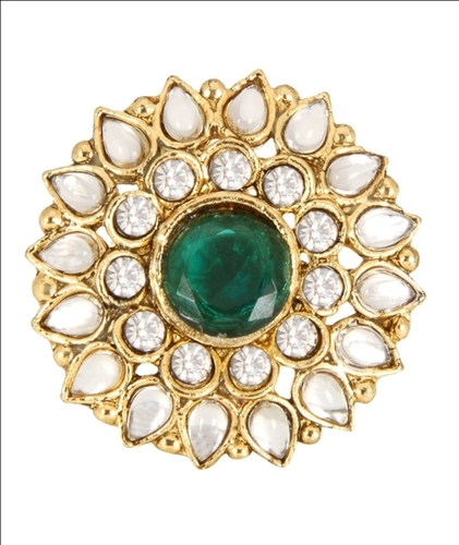 Adoreva Sparkling Green White Kundan Finger Ring - 4x4 cm, Dazzling Alloy with Gold Finish, Perfect for Special Occasions