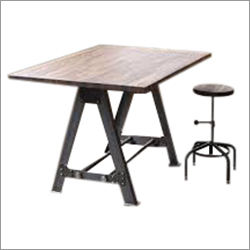 Handmade Industrial Wooden Top Black Iron Base Desk & Stool