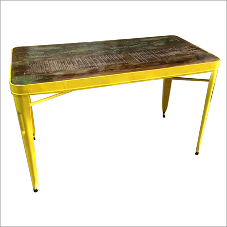 Reclaimed Wood Top  Yellow Iron Legs Industrial Dining Table
