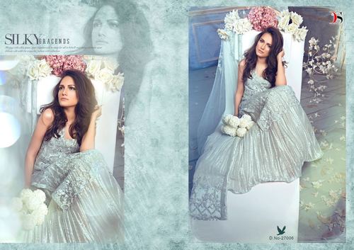 Latest Designer Exclusive Party Wear Salwar - Soft Net Material, Free Size Upto Semi Stitch, Color Gray, Embroidered Pattern | Breathable, Washable, Full Sleeves & Sleeveless Options