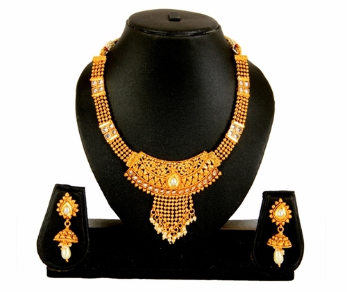 Adoreva Gold White Pearl Copper Necklace Earring Set For Women Weight: 83 Grams (G)