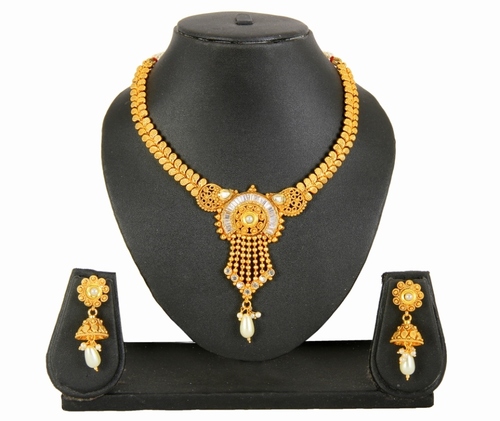 Adoreva Gold Green White Pearl Copper Necklace Earring Set For Women Weight: 67 Grams (G)