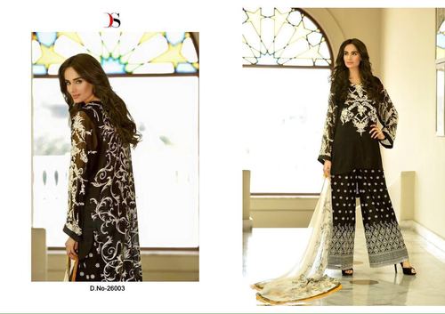 Fashion Designer Party Wear Salwar Suit Kameez - Cotton Satin Bottom, Semi Lawn Dupatta, Black, Embroidered, Full Sleeves, Breathable, Washable