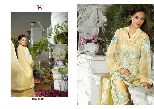 Pakistani Salwar Kameez Party Wear Suit - Georgette Fabric, Free Up to Semi Stitch, Light Yellow Color, Full Sleeves, Embroidered Design, Cotton Print Dupatta