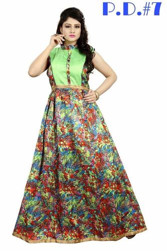 Festival Offer Designer Party Wear Gown - Cotton Fabric, 58 Inch Length, Green, Sleeveless, Embroidery & Hand Work, Semi Stitch, Ethnic Indian Style