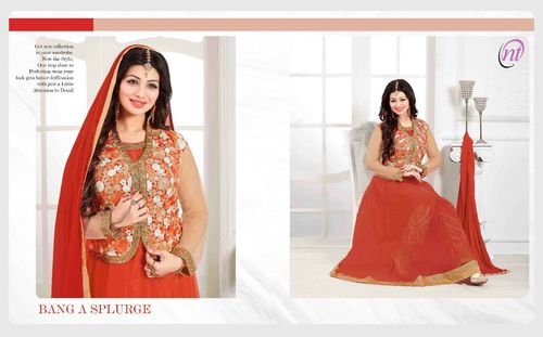 Diwali Best Price Offer Designer Fancy Party Wear Salwar Kameez Suit - Net Fabric, Semi-Stitch, Orange Color | Full Sleeves, Embroidered, Washable, All Season