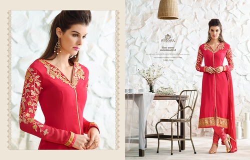 Georgette Churidar Suit - Red Georgette Fabric, Custom Sizes 34-46 | Zari Work, Thread Embroidery, Full Sleeves, Matching Nazneen Chiffon Dupatta