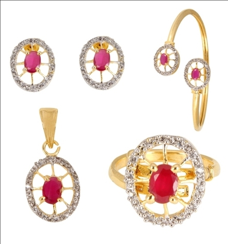 Adoreva Gold Red Alloy CZ Stone Ruby PendantEarringsFinger Ring and Kadaa Combo Set For Women