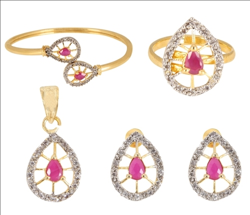 Pendants Adoreva Gold Red Alloy Cz Stone Ruby PendantEarringsFinger Ringand Kadaa Combo Set For Women