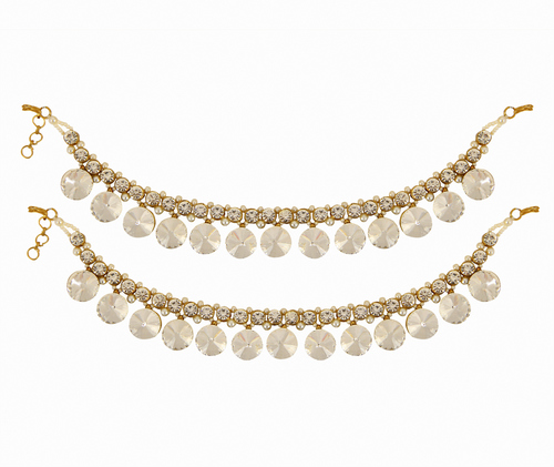 Adoreva Bollywood Style Traditional Gold White Coloured Pair Of Gold Anklets Payal For Women Weight: 136 Grams (G)
